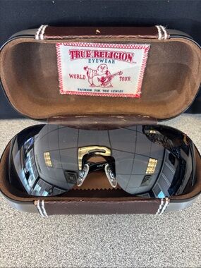 True Religion Men’s Shield Sunglasses in Black/Brown